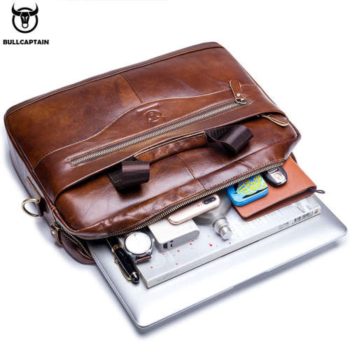 **GENUINE LEATHER** Bull Captain slung business laptop bag.