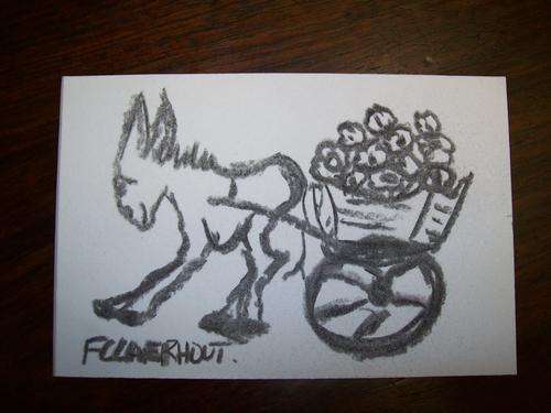 FRANS CLAERHOUT ORIGINAL CHARCOAL DRAWING OF A DONKEY AND CART WITH FLOWERS