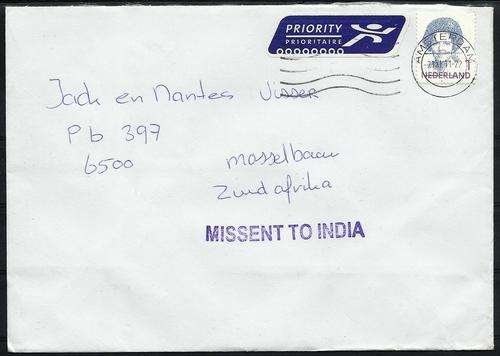 Nederland 2011 - Letter from AMSTERDAM (IJmuiden) to ZUID-AFRIKA with "MISSENT TO INDIA" cancel !!!