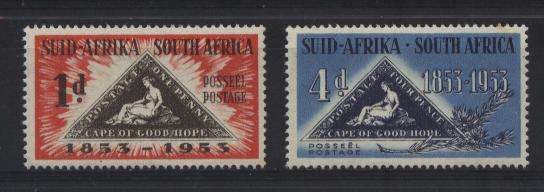 Suid-Afrika 1953 100 Jaar Kaapse driehoeke /  Triangulars set of 2 SACC 143/4 Stamp on Stamp U/M !!!