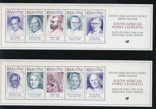 Suid-Afrika 1996 MANDELA, DE KLERK, etc. Nobel Winners Media Release Sheets (2) FULLY GUMMED !!!