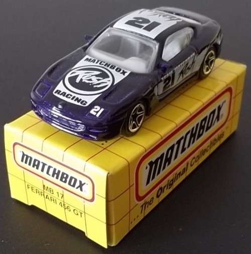 MATCHBOX MB 17 FERRARI 456 GT !! RARE PURPLE RUSH RACING VARIANT GREY INTERIOR ! MINT + Original Box