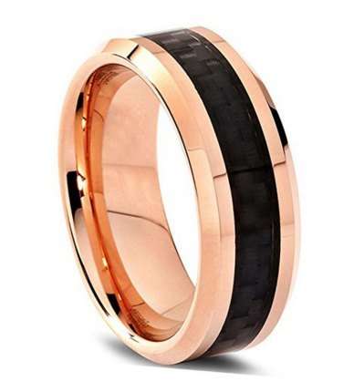 **FREE SHIPPING!**SOLID TUNGSTEN CARBIDE BLACK CARBON INLAY ROSE GOLD WEDDING RING size 4-17