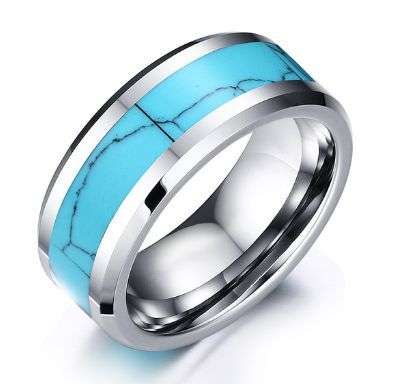 **TUNGSTEN CARBIDE BLUE TURQUOISE INLAY WEDDING RING 13,14