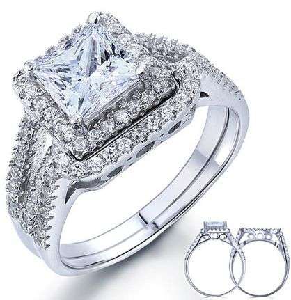 **SOLID STERLING SILVER" Fiery 1.5 Carat Cr. Diamond Princess Cut Wedding Ring Set