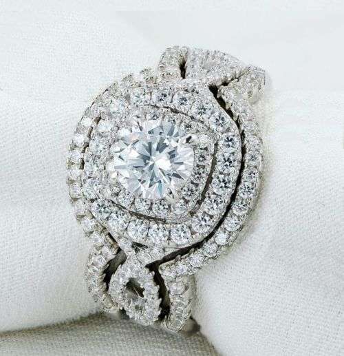 **NO RESERVE!**NEW DESIGN!!**STUNNING! SOLID .925 SILVER DESIGNER HALO ROUND TRIPLE WEDDING RING SET
