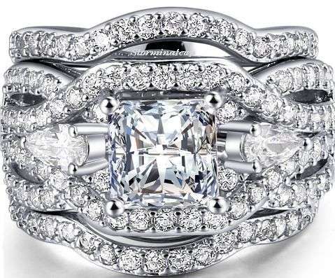 **4.90 Carat Stunning New Princess Cut Halo Engagement Triple Wedding Ring Set