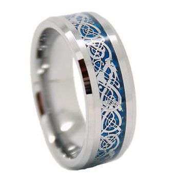 **NO RESERVE! SAVE R2100!** EXCEPTIONAL INTRICATE DRAGON INLAY Tungsten Carbide Ring Silver over Blu