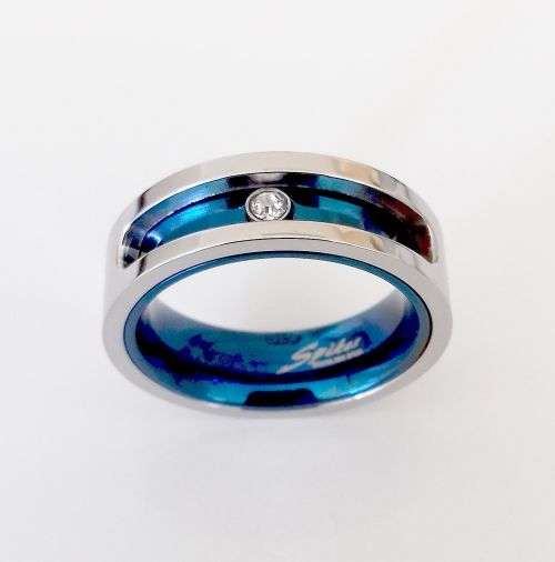 **Super Styler Stainless Steel Men's Blue Spinner Comfort Fit Cr Diamond Wedding Ring