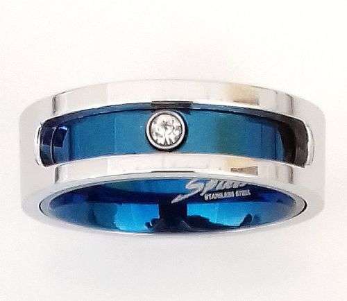**Super Styler Stainless Steel Men's Blue Spinner Comfort Fit Cr Diamond Wedding Ring