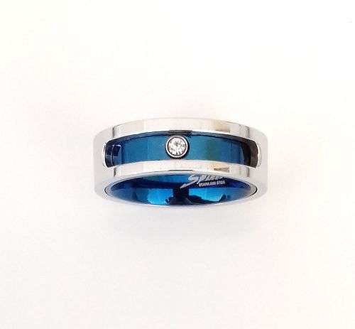 **Super Styler Stainless Steel Men's Blue Spinner Comfort Fit Cr Diamond Wedding Ring