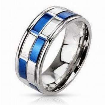 **FREE SHIPPING**Stainless Steel Duo Tone Blue IP Checker Band Ring Size 13