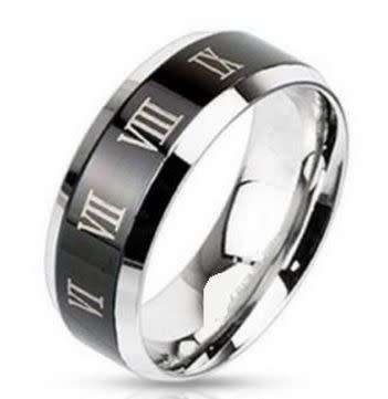 Stainless Steel Black IP Center with Roman Numerals Beveled Edge Band Ring
