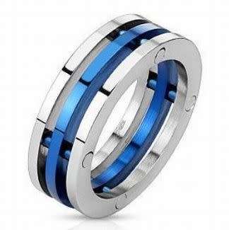 **FREE SHIPPING!**Stainless Steel Blue IP Centered Three Band Combination Ring 13