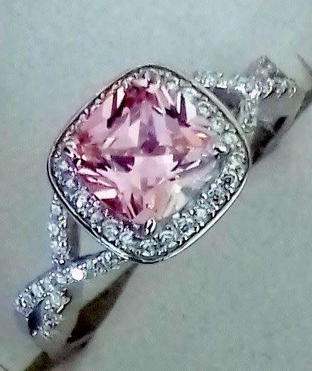 **FREE shipping!** SOLID STERLING SILVER New Pink Ice Cushion Cut Crossover Halo Engagement Ring