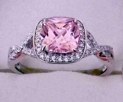 **FREE shipping!** SOLID STERLING SILVER New Pink Ice Cushion Cut Crossover Halo Engagement Ring