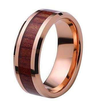 **FREE SHIPPING!** SUPERB SATIN SMOOTH ROSE GOLD KOA WOOD INLAY COMFORT FIT WEDDING RING