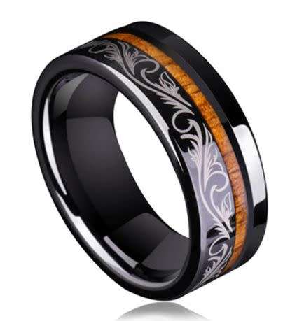 Tungsten Carbide Black Mirror Finish Wood inlay wedding band