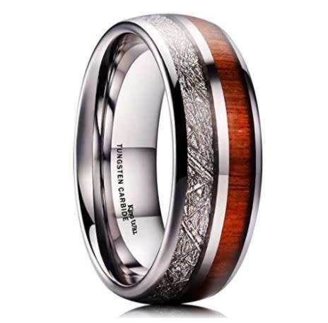 **FREE SHIPPING!**WOOD INLAY METEORITE SILVER TUNGSTEN CARBIDE WEDDING RING