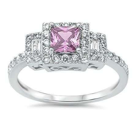 FREE SHIPPING**Solid Sterling Silver"New!**Pink Princess Cut Trilogy Halo Ring