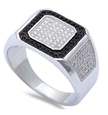 Solid Sterling Silver"New!*Extra Broad Micro Paved Black and Clear Cz Mens Ring