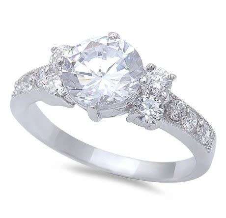 FREE SHIPPING**Solid Sterling Silver"New! 1.50ct Round Cut and 4 Accents Engagement Ring