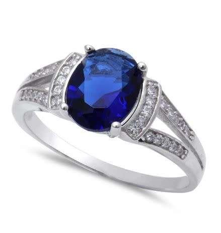 Solid Sterling Silver`New!*Oval Blue Sapphire Cz Twin Shank Engagement ring