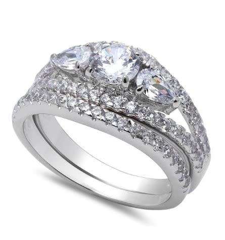 FREE SHIPPING!**Solid Sterling Silver 2.00 carat Round Center Pear Accents Double Wedding Ring Set