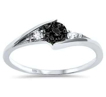 FREE SHIPPING**Solid Sterling Silver Round Cut Black and Clear Cz Channel Petite Trilogy Ring
