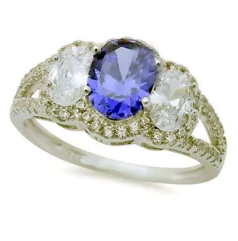 Solid Sterling Silver`New!*Oval Blue Sapphire and Topaz Cz Trilogy Engagement ring