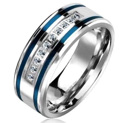 Stainless Steel CZ Blue Lined IP Ring Design