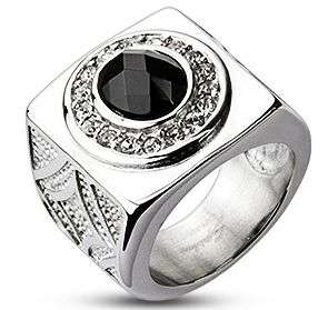 **Fully insured intl shipping**Mens Designer Stainless Steel Oval Onyx & CZ Gems Ring