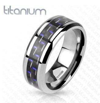 **NEWLY ARRIVED!!**BLACK BLUE CHIP CARBON FIBRE INLAY DESIGN TITANIUM WEDDING BAND