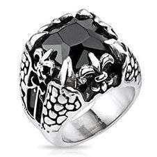 **Mens Thick, Solid Designer Stainless Steel Square Cut Faceted Onyx Claw Ring