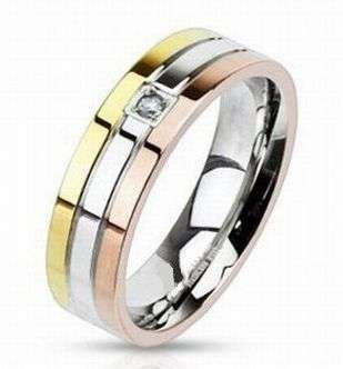 **FREE SHIPPING! NO RESERVE!** TRIPLE TONE ROSE&GOLD IP SINGLE CZ CENTRE STONE TITANIUM RING