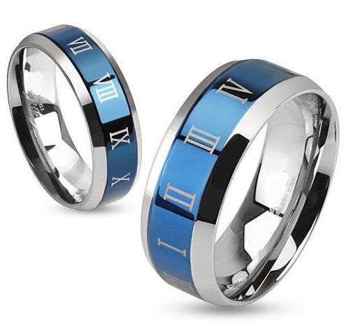 **BLUE IP 316 SOLID STAINLESS RING ROMAN NUMERALS ACCENTED SATIN SMOOTH FINISH