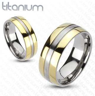 **NO RESERVE! DON'T MISS OUT!**SATIN SMOOTH TITANIUM GOLDEN EDGES BRUSH STRIPE 2TONE WEDDING BAND