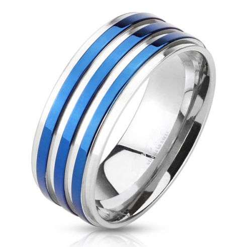 **FREE SHIPPING!**TRIPLE BLUE STRIPED STAINLESS ACCENTED CENTRE WEDDING RING