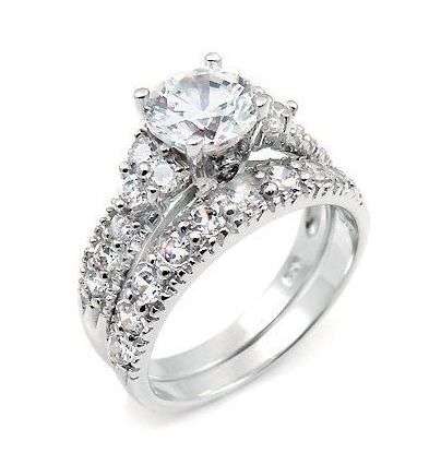 **STUNNING! 3.45 Carat Sim. Diamond Prong Setting Engagement Ring and Accent Ring Wedding Set
