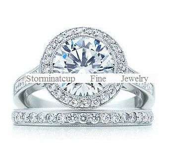 **STUNNING! 3.45 Carat Sim. Diamond Prong Setting Engagement Ring and Accent Ring Wedding Set