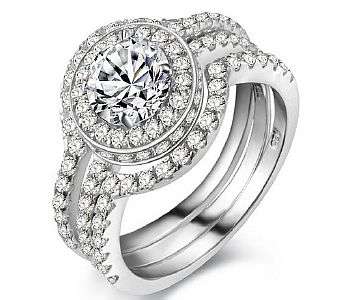 **SOLID .925 SILVER!** New! Designer Roung Halo Triple Wedding Ring Set