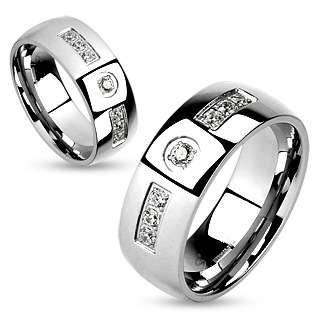 **Satin Smooth Stainless Steel Mirror Polish Cz Accented Comfort Fit Ring