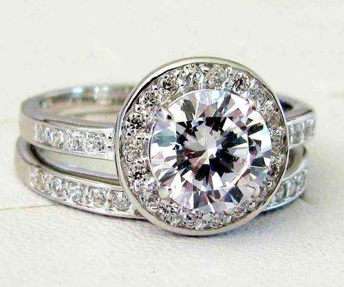 **SOLID STERLING SILVER" FIERY! 3.45 Carat Prong Setting Engagement Ring and Accent Ring Wedding Set