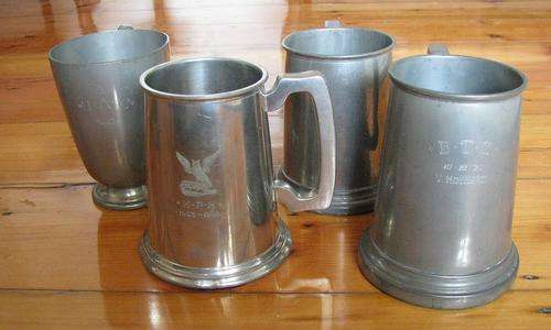 LOT OF 4 PEWTER TANKARDS; 1 WALKER & HALL, 1DON PEWTER, 2 KNIGHTHOOD OLD ENGLISH PWETER