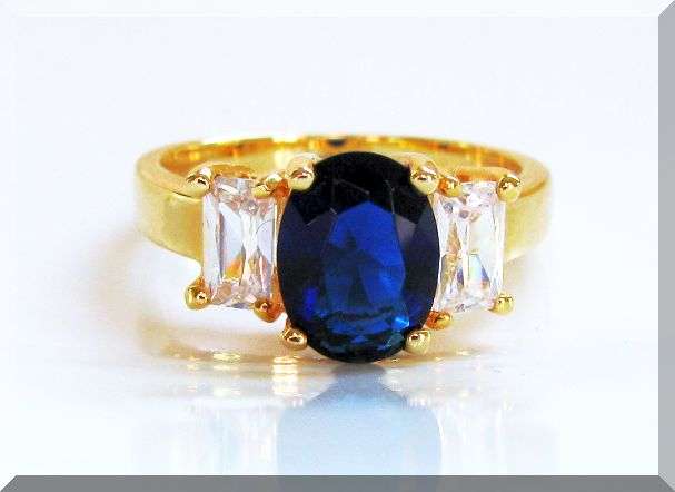 2.90 CTW OVAL&BAGUETTE  SAPPHIRE DIAMOND ENGAGEMENT RING CLAD IN 18 YELLOW GOLD SIZE 8.5