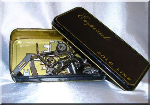 LOVELY VINTAGE TIN OF SOWING MACHINE PARTS