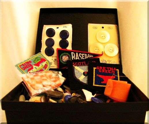 CASED VINTAGE BUTTONS, BAGES AND RIBBONS