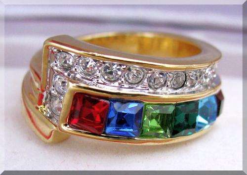 ELEGANT MULTI GEMSTONE-DIAMOND RING!!! - CZ DIAMONDS&GEMSTONES SET IN 18K YELLOW  GOLD GP size 4