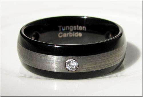 0.15CTW  TUNGSTEN CARBIDE THREE STONE BRILLIANT DIAMOND CUT BRUSHEDBLK WEDDING RING   SIZE 12