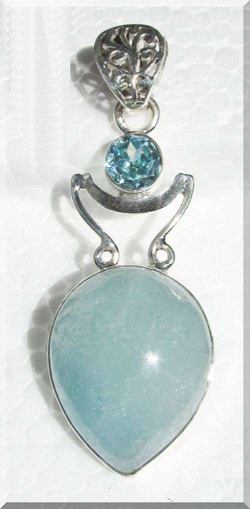 GENUINE AQUAMARINE, BLUE TOPAZ PENDANT!!! SET IN SOLID STERLING SILVER!!!